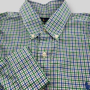 Ralph Lauren Shirt Mens Large Blue Green Check Plaid‎ Cotton Stretch Button Down